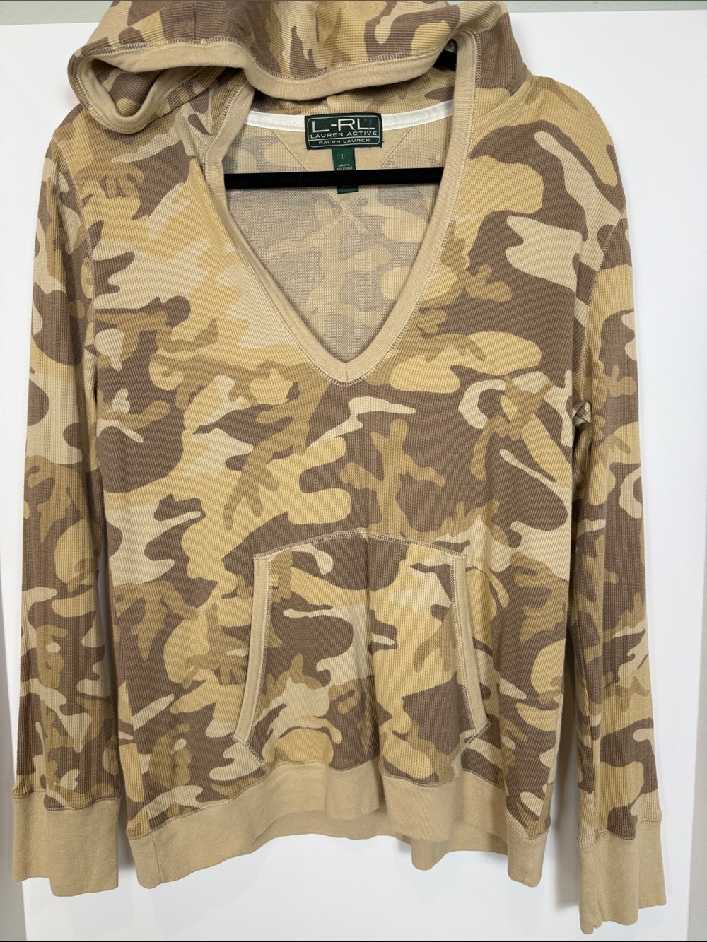 Lauren Ralph Lauren Camo Waffle Knit V-Neck Hoodie Tan Brown Large